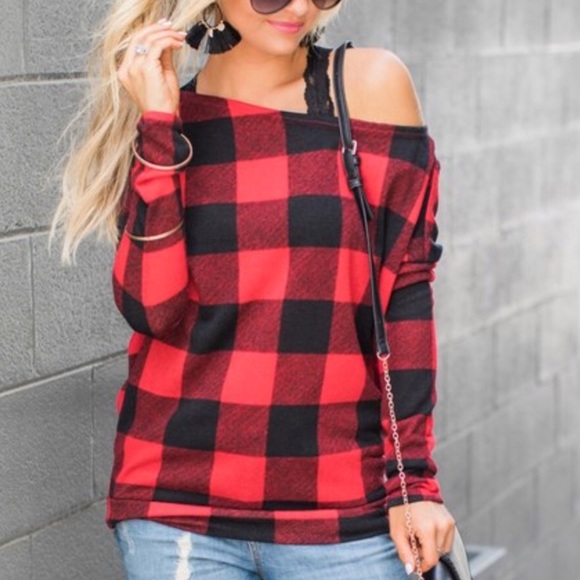 New Buffalo Plaid Sweater One Shoulder Thumb Holes - Picture 2 of 6